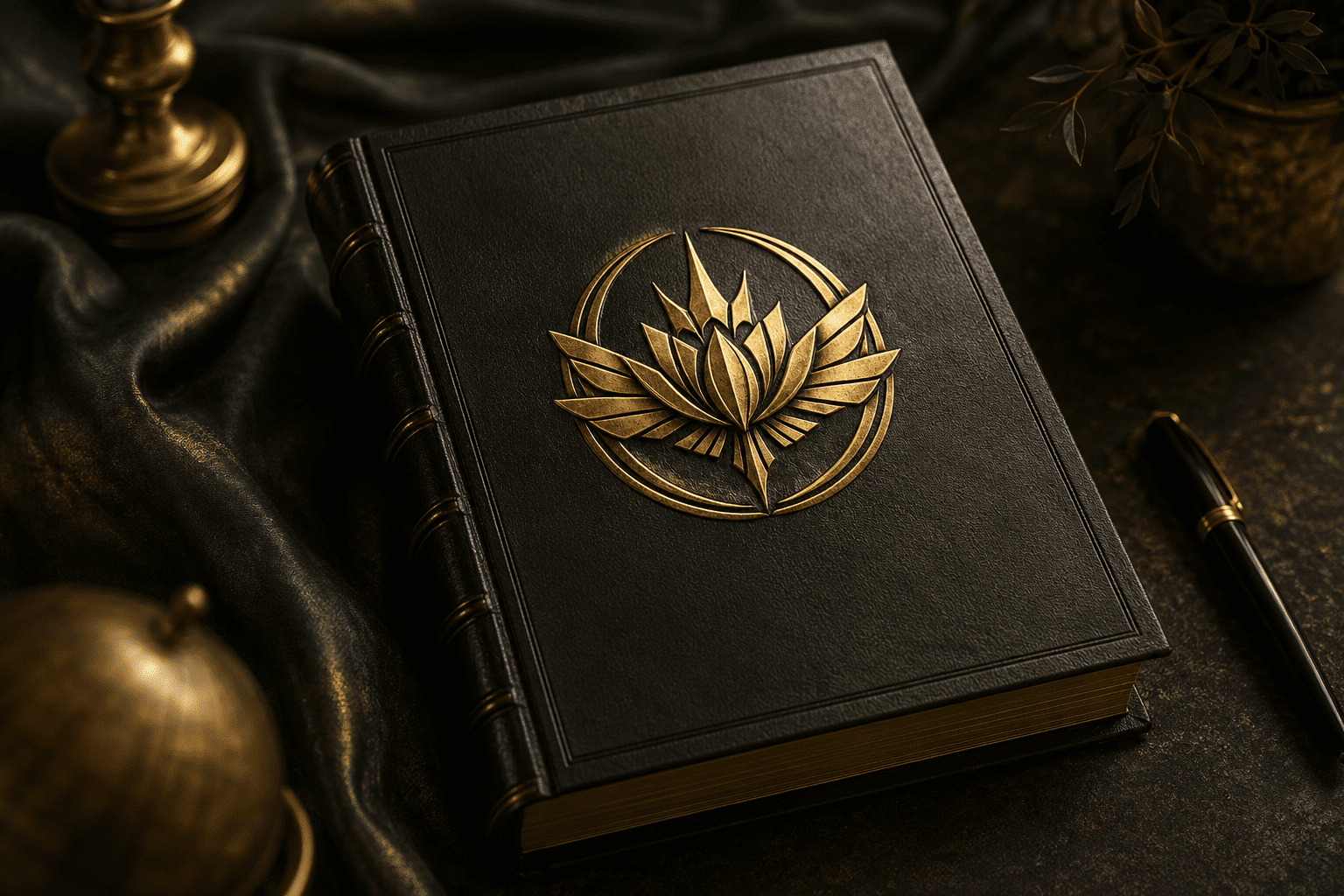 Dark leather-bound book with an embossed gold lotus emblem symbolising wisdom, transformation and visionary purpose.